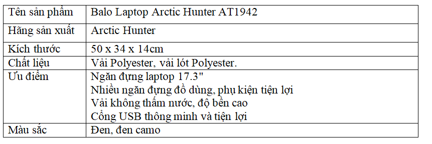 Balo laptop Arctic Hunter AT1942